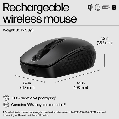 HP 695 Rechargeable Wireless Mouse, Ambidextrous, Bluetooth, 4000 DPI, Black