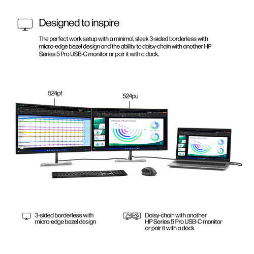 HP 23.8" FHD monitor with USB hub, HDMI, DisplayPort, ergonomic setup