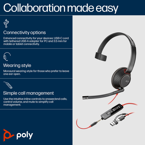 POLY Blackwire 5210 Monaural 3.5mm Plug +USB-C/A Adapter, Wired, Headset/Headphones, Black