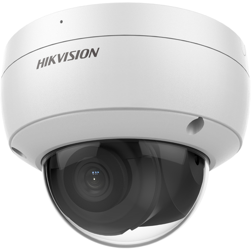Hikvision DS-2CD2146G2-ISU outdoor IP dome camera mounted on a white wall, showing wide-angle view for home or business security