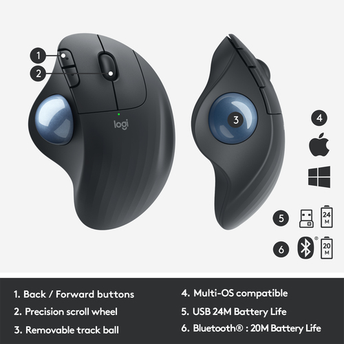 Logitech ERGO M575 Wireless Trackball Mouse, Right-hand, Trackball, 2000 DPI