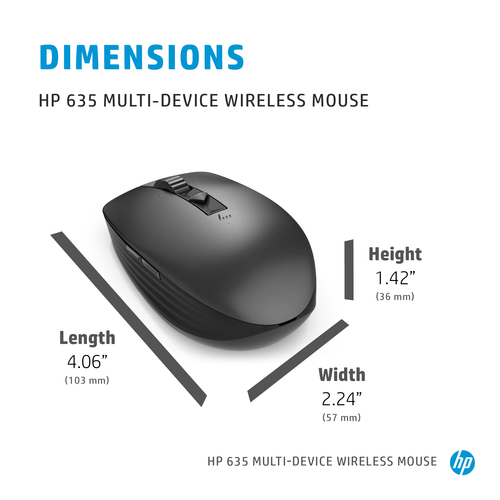 HP 635 Multi-Device Wireless Mouse, Ambidextrous, RF+ Bluetooth, 1200 DPI, Black