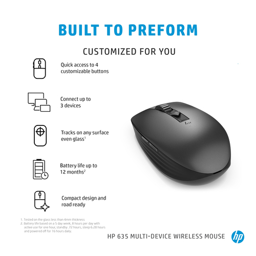HP 635 Multi-Device Wireless Mouse, Ambidextrous, RF+ Bluetooth, 1200 DPI, Black