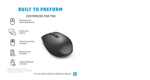 HP 635 Multi-Device Wireless Mouse, Ambidextrous, RF+ Bluetooth, 1200 DPI, Black