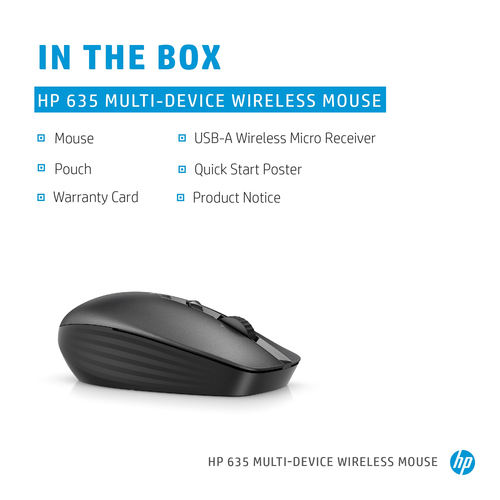 HP 635 Multi-Device Wireless Mouse, Ambidextrous, RF+ Bluetooth, 1200 DPI, Black