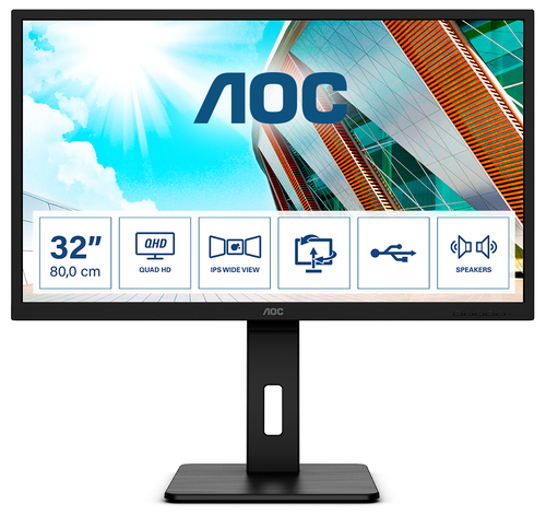 AOC P2 Q32P2 31.5" Monitor front view, black, QHD IPS LED display