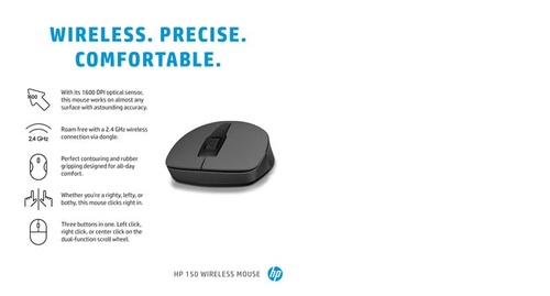 HP 150 Wireless Mouse, Ambidextrous, Optical, RF, 1600 DPI, Black