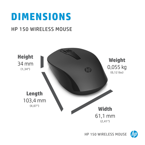 HP 150 Wireless Mouse, Ambidextrous, Optical, RF, 1600 DPI, Black