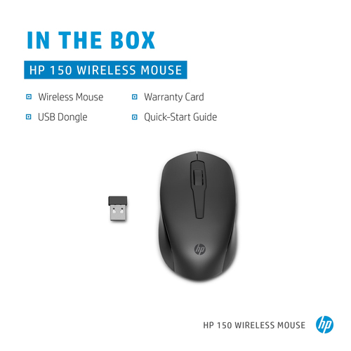 HP 150 Wireless Mouse, Ambidextrous, Optical, RF, 1600 DPI, Black