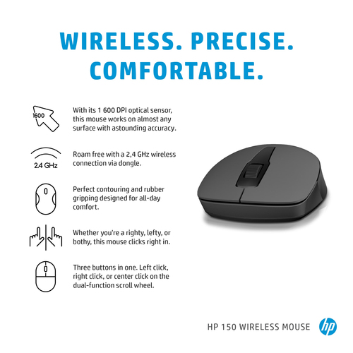 HP 150 Wireless Mouse, Ambidextrous, Optical, RF, 1600 DPI, Black