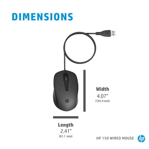 HP 150 Wired Mouse, Ambidextrous, Optical, USB Type-A, 1600 DPI