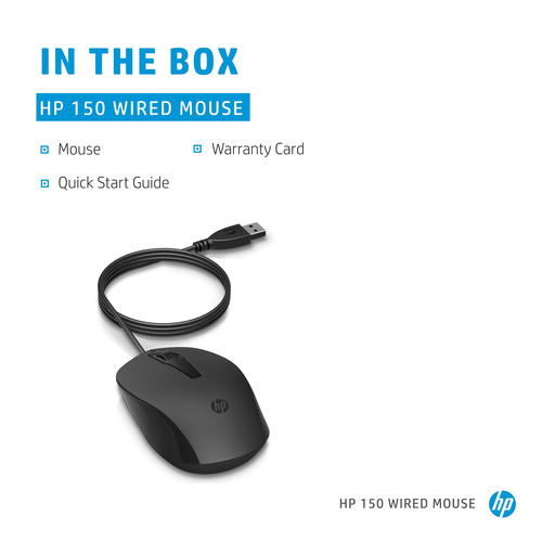 HP 150 Wired Mouse, Ambidextrous, Optical, USB Type-A, 1600 DPI