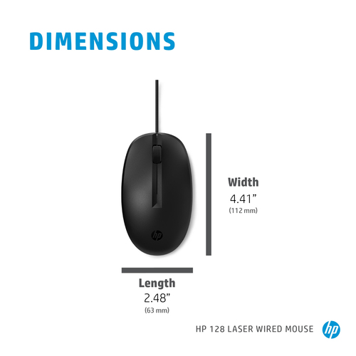 HP 128 Laser Wired Mouse, Ambidextrous, USB Type-A, 1200 DPI, Black