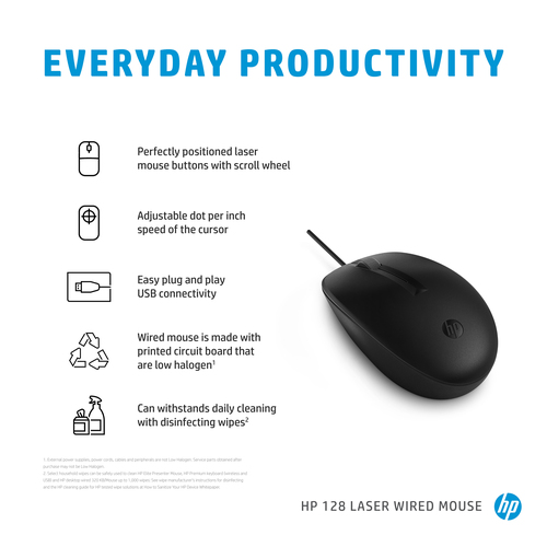 HP 128 Laser Wired Mouse, Ambidextrous, USB Type-A, 1200 DPI, Black