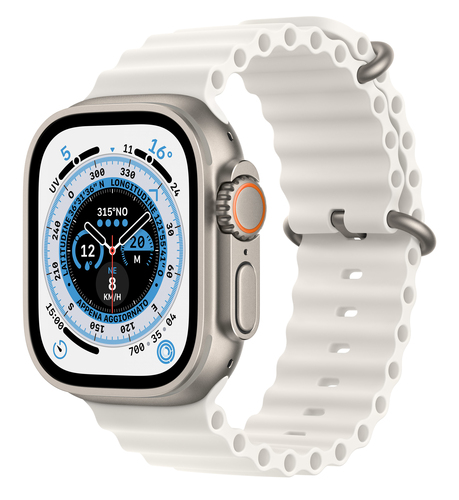 Apple Watch Ultra titanium case white band front view
