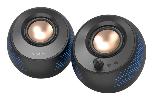 Creative Pebble X speaker side view highlighting 45° elevated design