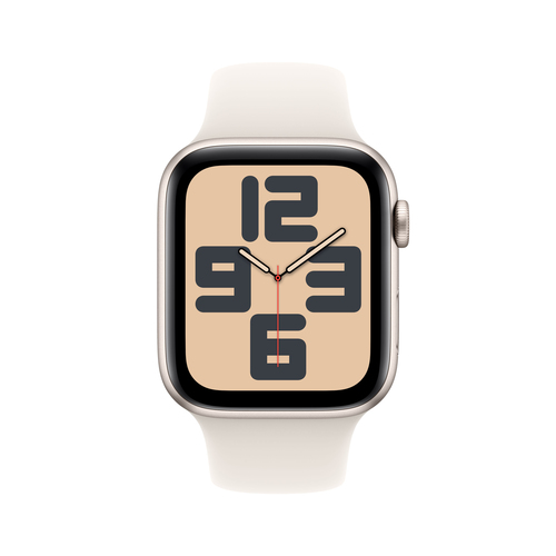 Apple Watch SE Starlight with beige rubber band, heart rate and activity tracking on screen