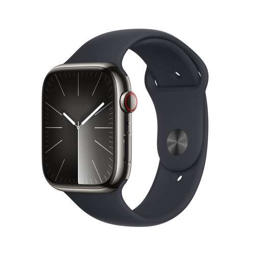 Apple Watch Series 9 GPS + Cellular 45mm showing always on touchscreen display and stainless steel frame