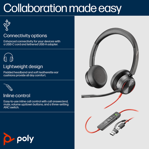 POLY Blackwire 8225 Stereo USB-C/A, Wired, Headset/Headphones, Black