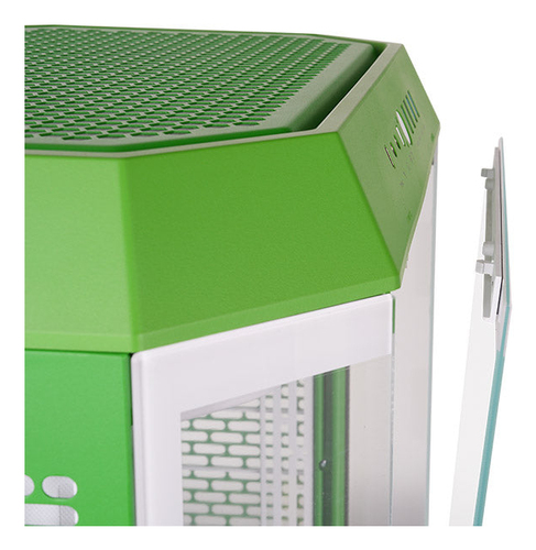 Side angle of The Tower 600 green PC case highlighting SPCC construction