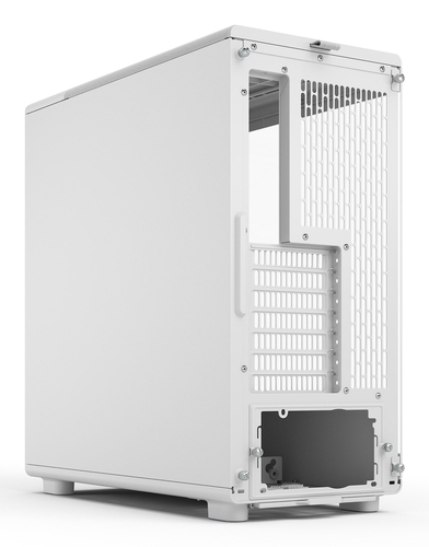 front view of Fractal Design Epoch White midi tower highlighting I/O ports and power button