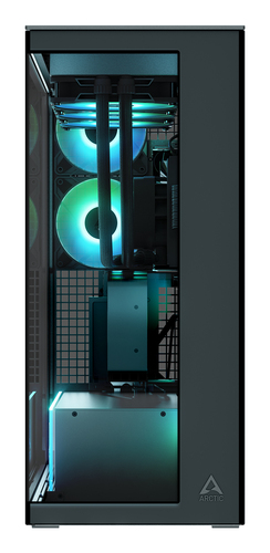 ARCTIC Xtender VG mirror black PC case rear and top airflow view with radiator and fan mounting options.