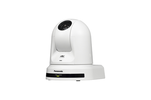 Panasonic AW-UE50WEJ indoor wired dome IP camera mounted on ceiling, white finish, 24x optical zoom, PTZ control, and built-in microphone for clear indoor video and audio surveillance