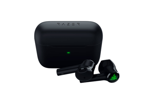 Razer Hammerhead X charging case with earbuds open top angle