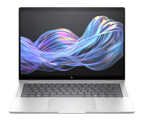 HP EliteBook X Flip G1i AI laptop front view, 14 inch silver convertible notebook for business and productivity.