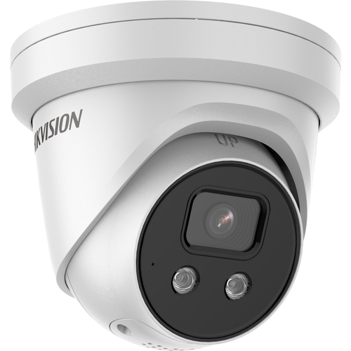 Hikvision DS-2CD2346G2-ISU/SL turret camera mounted outdoors on a white wall