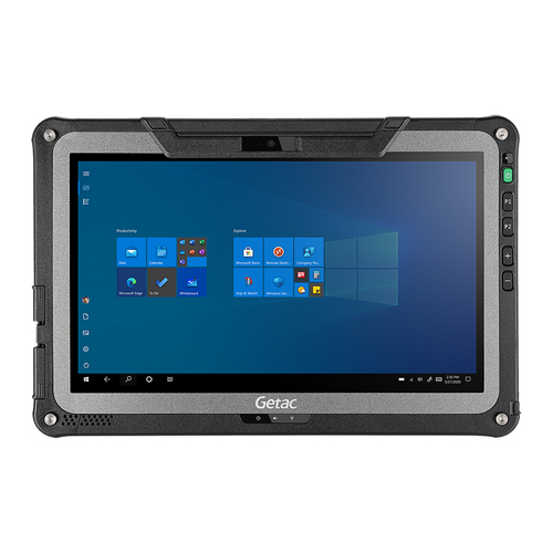 Getac F110 G6 rugged tablet front view, 11.6 inch FHD LCD in black and grey with Windows 11 Pro