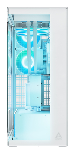 ARCTIC Xtender VG white E ATX PC case front view with high airflow mesh and panoramic tempered glass