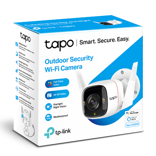 Front view of Tapo camera showing 2K QHD lens and night vision sensors
