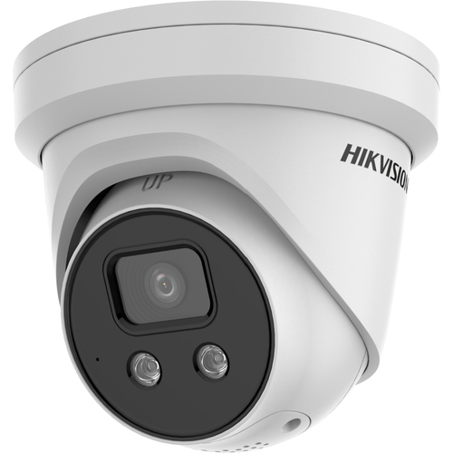 Hikvision DS-2CD2346G2-ISU/SL turret camera mounted outdoors on a white wall