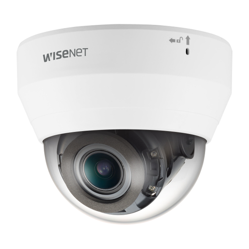Hanwha QND-7082R Dome IP Camera close-up showing 4MP sensor and IR night vision