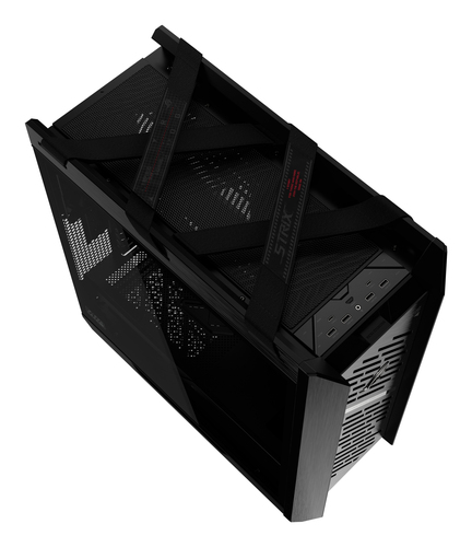 ASUS ROG Strix Helios II gaming PC case with RGB lighting enabled, designed for premium ROG showcase builds.