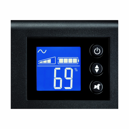 Eaton 5SC1500IBS UPS displaying LCD real-time status and voltage readings