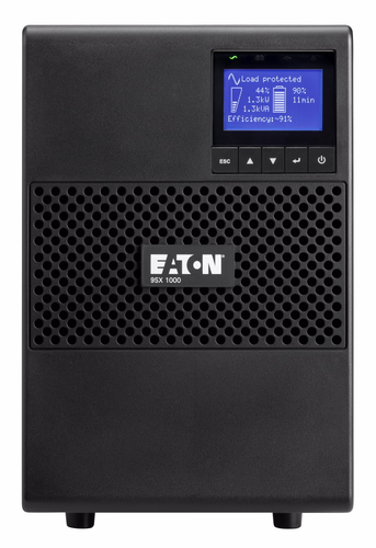 LCD screen on Eaton 9SX1500IBS double conversion UPS showing statusEaton 9SX1500IBS UPS ports with USB Type B and RS 232 interface