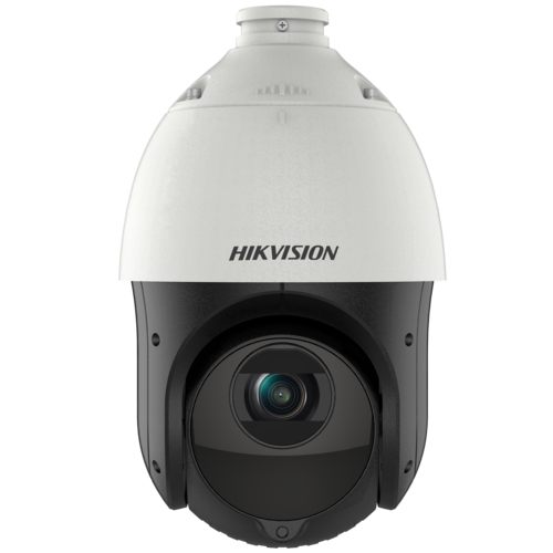 Hikvision DS-2DE4425IW-DE(T5) mounted on an outdoor wall, showing PTZ coverage with 25x optical zoom and 100 m night vision