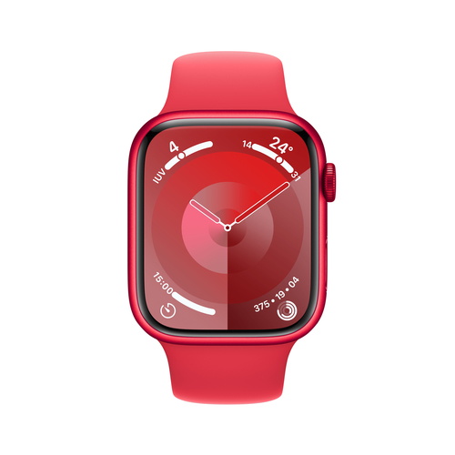 Apple Smartwatch Series 9 red aluminium case close up on screen and band finish with GPS and Wi Fi support.