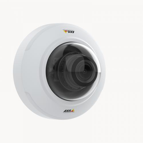 Axis 02112-001 cube security camera installed on office ceiling for indoor surveillance