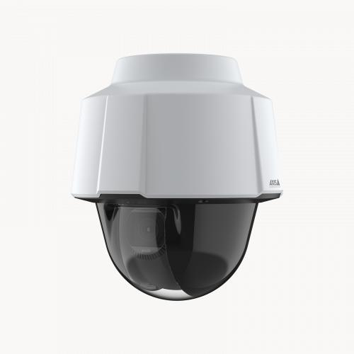 Axis 02413-001 outdoor PTZ security camera mounted on a pole with 30x optical zoom and infrared LEDs