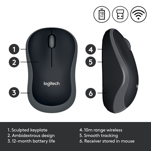 Logitech Wireless Mouse M185, Ambidextrous, Optical, RF Wireless, 1000 DPI, Grey