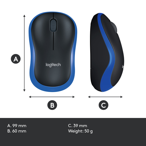 Logitech Wireless Mouse M185, Ambidextrous, Optical, RF Wireless, 1000 DPI, Blue