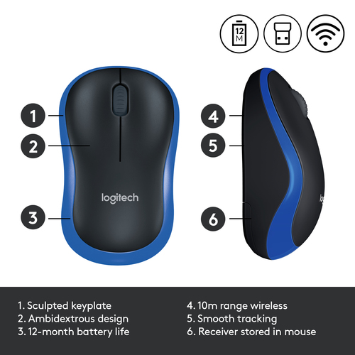 Logitech Wireless Mouse M185, Ambidextrous, Optical, RF Wireless, 1000 DPI, Blue