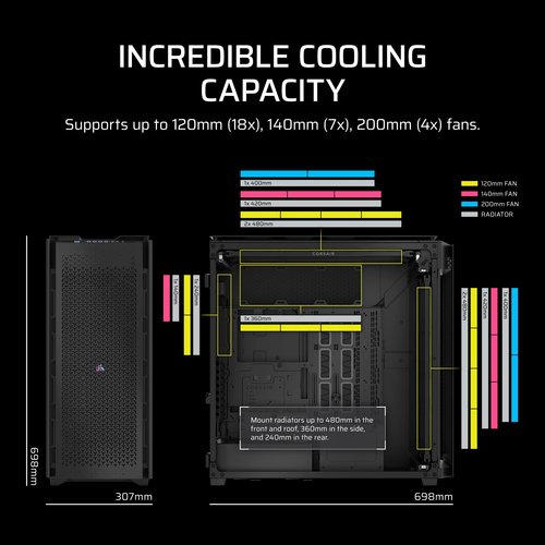 Corsair 9000D RGB AIRFLOW, ATX, Stainless steel, Tempered glass, Full Towe Case