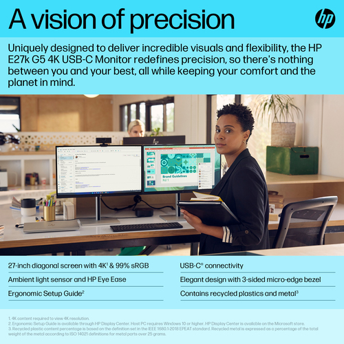 HP E-Series E27k G5 4K USB-C Monitor, (27"), 3840 x 2160 pixels, 4K Ultra HD LCD