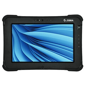 Zebra XSLATE L10 black rugged tablet showing 10.1-inch touchscreen and front camera.