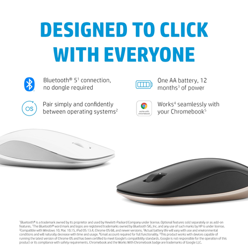 HP 410 Slim Silver Bluetooth Mouse, Ambidextrous, Bluetooth, 2000 DPI, Mouse