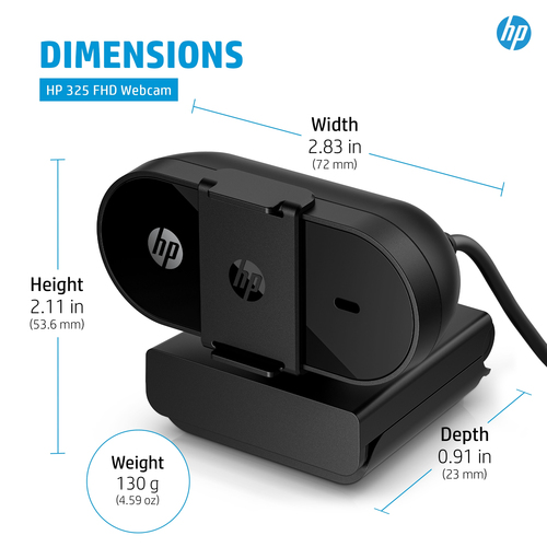 HP 325 FHD Webcam, 5 MP, 1920 x 1080 pixels, Full HD, 30 fps, USB, Black